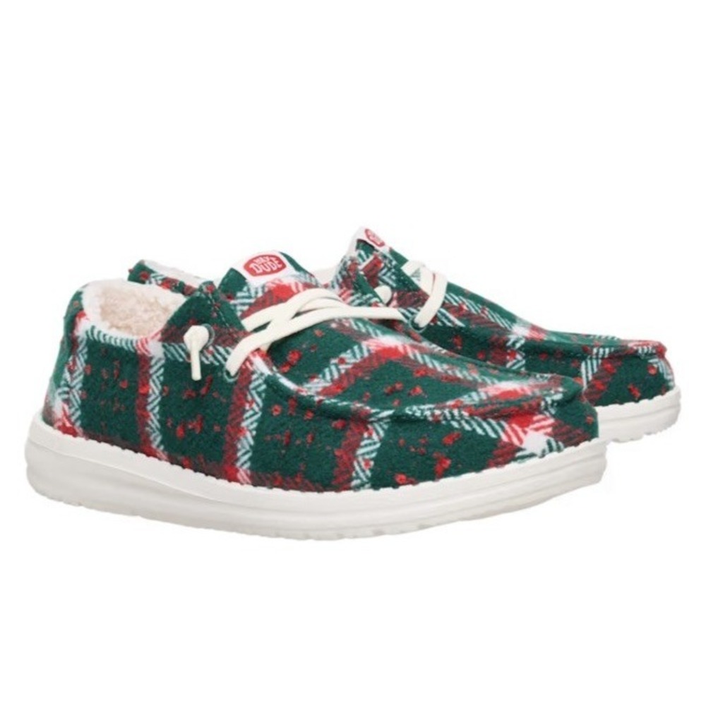 Hey Dude Wendy Confetti Plaid Cozy Shoes Womens Sz 6 Red/Green Slip On Loafers